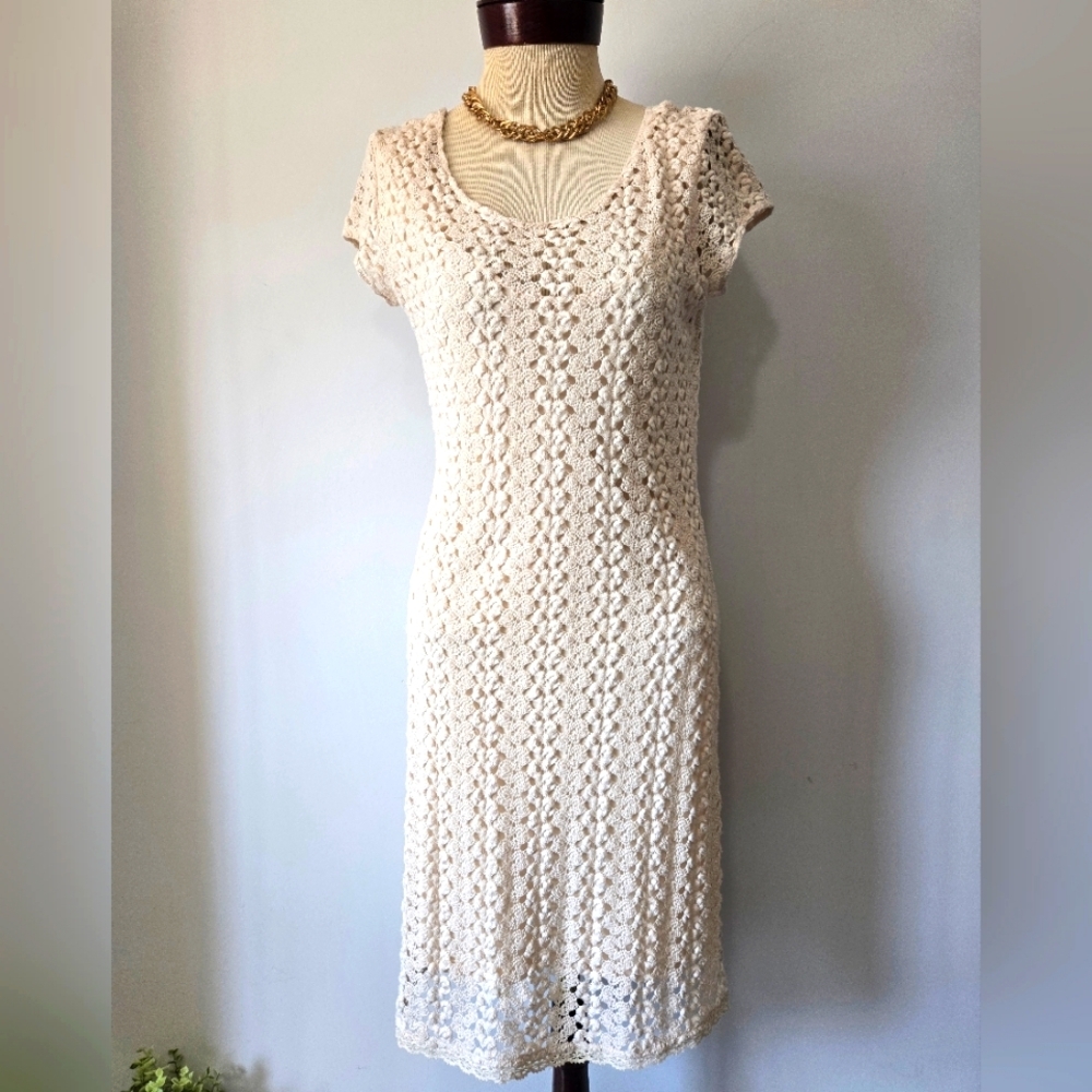 FREE PEOPLE Crochet Knit Cream Dress With Slip Lining. Size Large